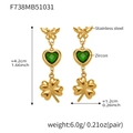 Gold stainless steel long drop earrings with green heart zircon and clover charms - Green