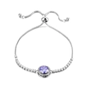Detail of adjustable silver slider bracelet featuring a round purple zircon with halo - Purple Rhinestone (Silver Chain)