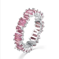Pink baguette-cut zircon eternity ring in silver finish shown from a 45-degree angle - Pink Zirconia