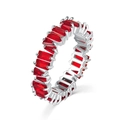 Macro detail of silver ring with irregular baguette-cut red zircons in a prong setting - Red Zirconia