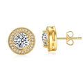 Mens round zircon stud earrings in gold finish with halo stones and butterfly backing - Gold White Zirconia