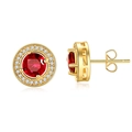 Men's gold earrings featuring round red zircon cluster and butterfly back closure - Gold Red Zirconia