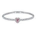 Detail of a luxury pink heart-shaped crystal tennis bracelet with cubic zirconia and fold-over clasp - Pink Rhinestone