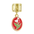 Dettaglio charm dorato con smalto rosso, motivo tulipano e perla per bracciali DIY - Perla Tulipano Oro (MK-MDF551)
