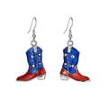 Close-up of USA flag cowboy boot earrings with blue stars and red stripes design - Cowboy Boot Style