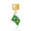 Composant de bracelet italien avec pendentif drapeau brésilien sur socle doré poli - Drapeau du Brésil (MK010)