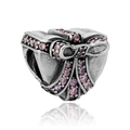Herz-Charm-Anhänger mit rosa Schleife in Antiksilber und Zirkonia für Armbänder - Silber