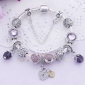 DIY bedelarmband met paarse amethist, roze hartkralen en bloemvormige bedeltjes - S / Paarse hart hanger stijl