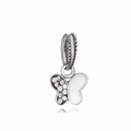 Silver butterfly charm with white enamel and sparkling zircon stones for DIY bracelets - White