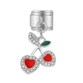 Pendentif cerise avec cœurs rouges et feuilles vertes pour bracelet italien en acier - Style Double Cerise Cœur Argenté (MK-DGB1704)