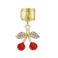 Pendentif cerise de style italien en émail rouge et feuilles dorées pour bracelets - Style Double Cerise Strass Doré (MK-DGB1707)