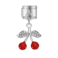 Maillon de bracelet italien en argent avec pendentif cerise rouge et cristaux brillants - Style Double Cerise Strass Argenté (MK-DGB1708)