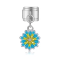 Maillon de charme italien avec marguerite en émail bleu et jaune sur métal argenté - Style Fleur Émaillée Bleu Jaune (MK-DGB1994)