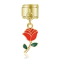 Charm italiano dorato con rosa in smalto rosso e foglie verdi per gioielli fai da te - Rosa Rossa Oro (MK-DGB816)