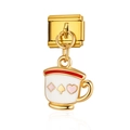 Charm modular dorado con diseño de taza de té en esmalte, motivos corazón y pica - Taza de Té (MK006)