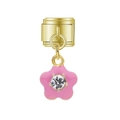 Maillon modulaire style italien doré avec fleur émaillée rose et cristal central - Style Fleur Strass Unique Rose Doré (MK-DGB2068)