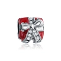 Sparkling red enamel Christmas gift box charm with silver bow and clear cubic zirconia stones - Red