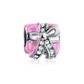 Pink enamel gift box charm with sparkling bow and rhinestones for DIY bracelets - Pink