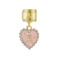 Charm italien avec cœur en émail rose, petit ours doré et cristaux brillants - Cœur d'Ours Rose Doré (MK-MDF370)