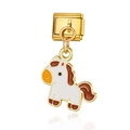 Eslabón de amuleto italiano en metal dorado con un colgante de poni en esmalte blanco - Caballito (MK014)