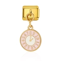 Abalorio para pulsera italiana con acabado dorado y colgante de esfera de reloj rosa - Reloj Rosa (MK012)