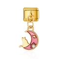 Abalorio italiano para pulsera con gato dorado sobre luna creciente de esmalte rosa - Luna Gato Rosa (MK017)
