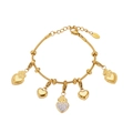 18K gold plated stainless steel snake chain bracelet with five heart charms and crystals - DIY Heart Bracelet (E668) / 15+4cm / Gold