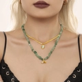 Double-layered gold snake chain and green natural stone necklace with fishtail pendant - Gold Double Layer Necklace (P1112)