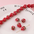 Handmade red strawberry glass beads with white dots and green leaves for DIY jewelry - Single Bead / Red