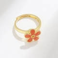 Rotating S925 silver flower ring with orange enamel in adjustable open band design - Adjustable Open / Orange Flower (PNJ608) / 18k Gold (Orange)