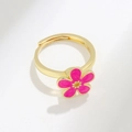 S925 silver adjustable open ring with pink enamel flower and golden finish details - Adjustable Open / Rose Red Flower (PNJ608) / 18k Gold (Rose Red)