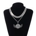 Conjunto de cadena cubana hip hop con colgante de relicario redondo con alas - Conjunto Doble de Colgante de Ala de Strass Negro y Blanco con Cadena Cubana (N04791S) / Plateado