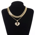 Set catena cubana dorata e catena a corda con pendente a cuore spezzato e strass - Maglia Cubana Oro con Pendente Cuore Infranto 1 (N04791G)