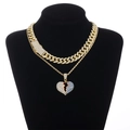 Collana a due strati cuban e corda dorata con ciondolo a cuore spezzato blu e bianco con strass - Maglia Cubana Oro con Pendente Cuore Infranto 2 (N04791G)