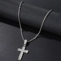 Men hip hop silver cross pendant necklace with sparkling stones on twisted rope chain - Silver Rope Chain Necklace (N02354-51)