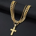 Hip-hop iced-out cross pendant and cuban link chain necklace set in gold finish - Cuban Chain Set / Gold