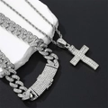 Hip hop silver cuban and rope chain set with iced out cross pendant and crystals - Cuban Chain Set / Silver
