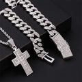 Hip hop jewelry set featuring iced-out silver cuban chain and cross pendant on black box - Cuban Link Chain Necklace (S30197S) / Silver
