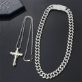 Silver iced out Cuban link chain and large diamond cross necklace set for hip hop jewelry style - Silver Rhinestone Cuban Link Chain Necklace (S30198S)
