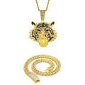 Detailed view of hip hop tiger pendant with cuban chain set in gold and zircon finish - Cuban Chain Set / Gold