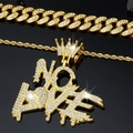 Gold plated hip-hop NO LOVE pendant necklace with crown and iced out cubic zirconia - Gold Cuban Chain (S30048G)