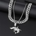 Hiphop silver Cuban link chain set with iced out megalodon shark pendant for men - Cuban Chain Set / Silver