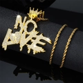 Iced out gold No Love crown letter pendant with twisted rope chain hip hop necklace - Gold Rope Chain Necklace (N02355-51)