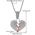 Pendente cuore spezzato hip hop con cristalli bianchi e smalto rosso su catena a corda - Collana Cuore Argento (Catena a Corda)