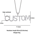 Hip hop custom 'CUSTOM' letter necklace in silver finish with pavé cubic zirconia - High Polished CUSTOM Style (N03387)