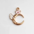 DIY gold alloy crescent moon pendant with pink crown and white wing enamel accents - Pink Moon Crown