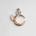 Golden moon charm with blue enamel crown and white wing for DIY jewelry crafts - Blue Moon Crown