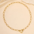 Close-up of golden stainless steel paperclip chain with heart-shaped carabiner clasp - Oval Link Chain With Heart Lock Style (N06056G)