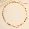 Golden paperclip link chain necklace with textured carabiner clasp on marble background - Paperclip Chain With Carabiner Style (N06054G)