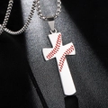 Polished stainless steel cross necklace with red baseball stitching on black sand background - With Chain / Steel